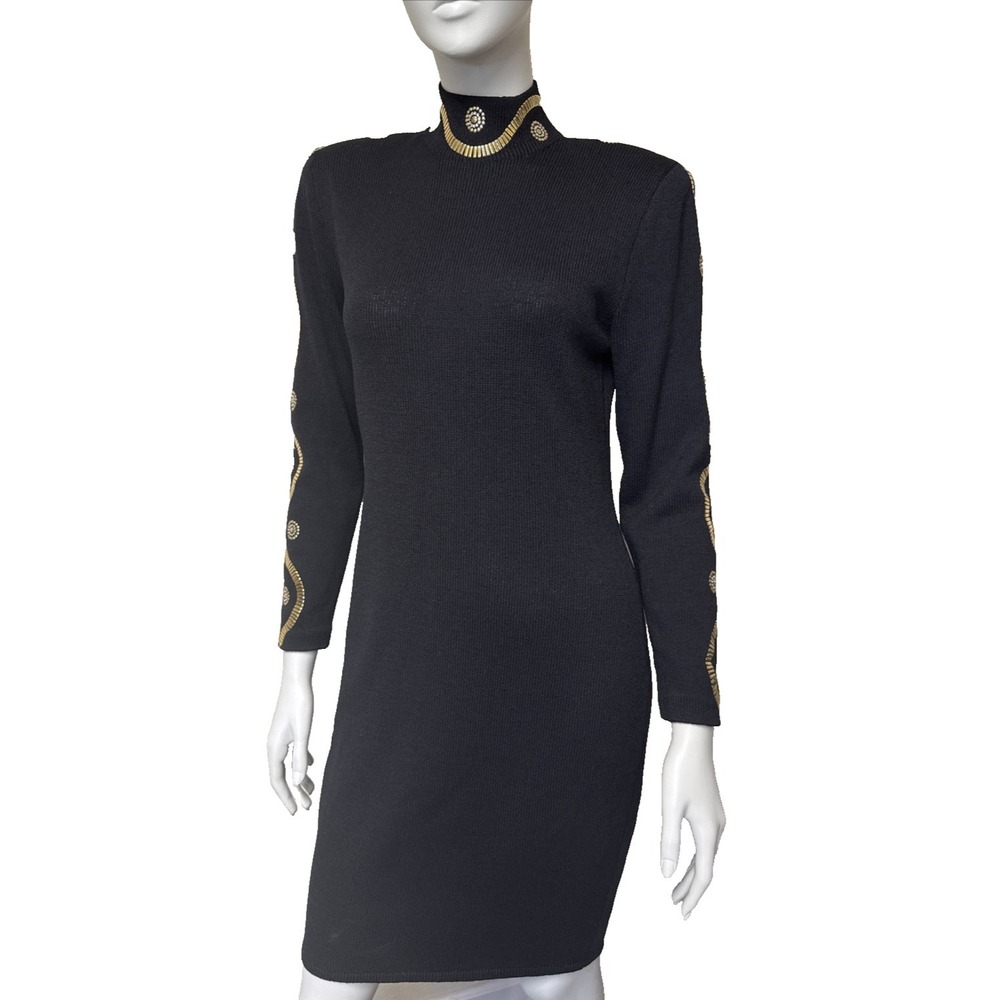 Vtg ST John Santana Knit Dress 6 Black Gold Embellished Cocktail 90s Old Money - Picture 3 of 13